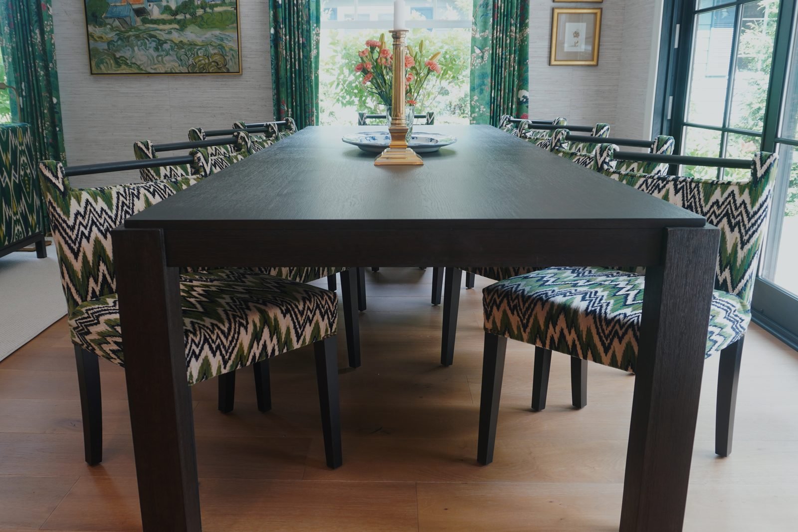 Dining room interior featuring a complete set of Chautauqua Starr Customs upholstered chairs